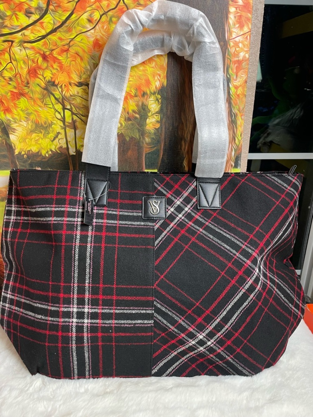 Victoria's Secret Black Plaid Tote with Red & White Stripes